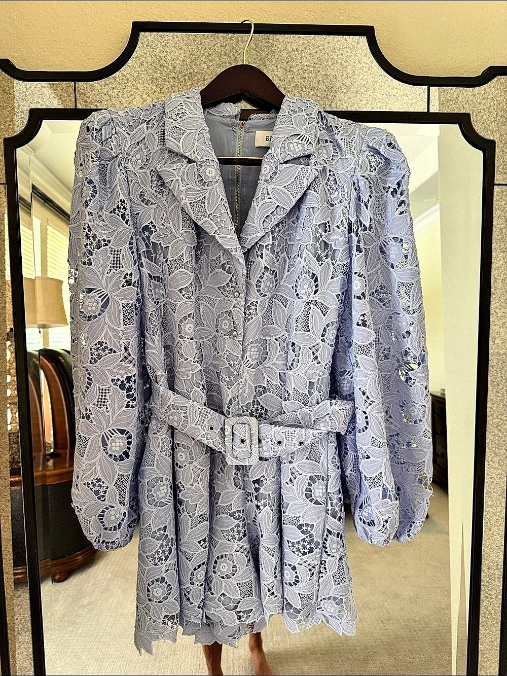 ELLIATT Lacy Long Sleeve Romper Floral Lace Blue & White Medium